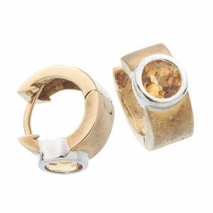 Round Citrine Satin Finish Two Tone Hinged Hoops in 14K Yellow & White Gold 6mm